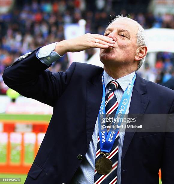 Rangers manager, Walter Smith celebrates after winning the Clydesdale Bank Premier League at Rugby Park on May 15, 2011 in Kilmarnock, Scotland..