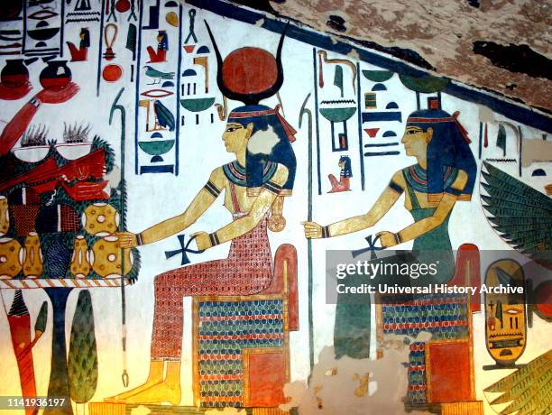 Wall Painting depicting, the Goddess Isis with Nefertari, Great Wife of Pharaoh Ramesses II, Inside the tomb of Nefertari, in Egypt's Valley of the...