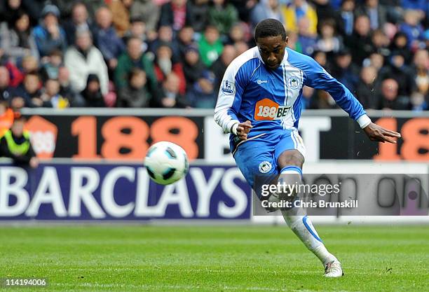 Charles N'Zogbia of Wigan Athletic scores his team's first goal during the Barclays Premier League match between Wigan Athletic and West Ham United...