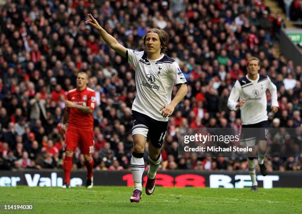 Luka Modric of Spurs celebrates after scoring his team's second goal from the penalty spot during the Barclays Premier League match between Liverpool...