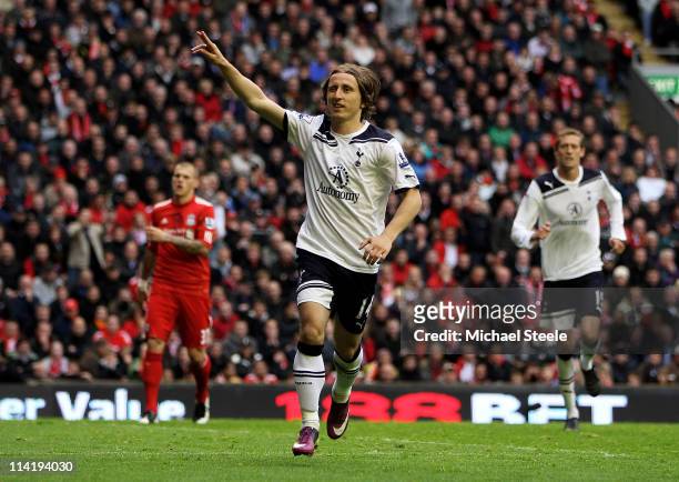 Luka Modric of Spurs celebrates after scoring his team's second goal from the penalty spot during the Barclays Premier League match between Liverpool...