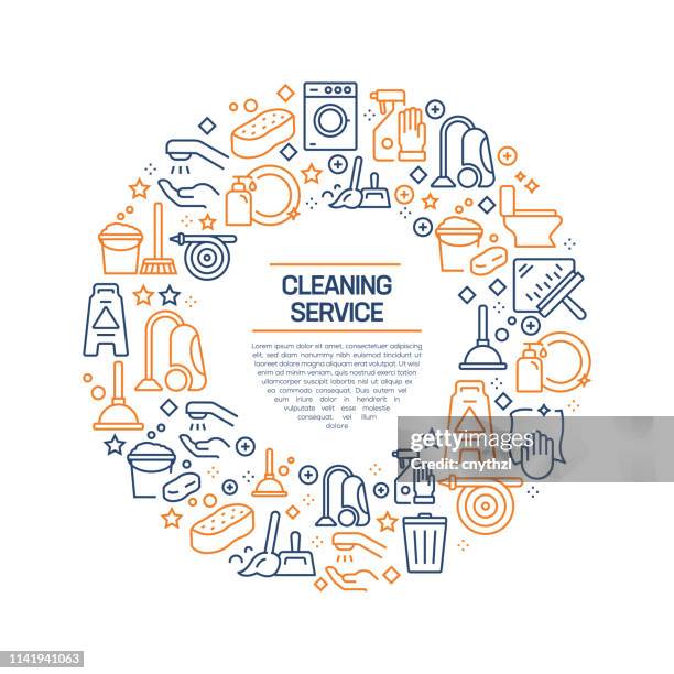illustrazioni stock, clip art, cartoni animati e icone di tendenza di concetto di servizio di pulizia - icone di linea colorate, disposte in cerchio - madre casalinga