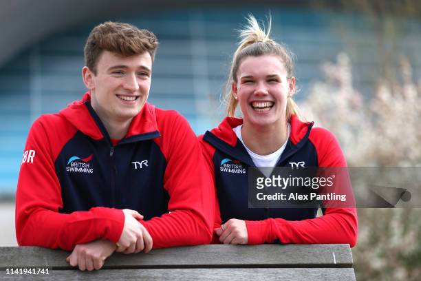 Grace Reid and Matty Lee of Great Britain pose for a portrait during a Great Britain Diving Team Launch in the London Aquatics Centre at Queen...