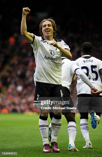 Luka Modric of Spurs celebrates after scoring his team's second goal from the penalty spot during the Barclays Premier League match between Liverpool...