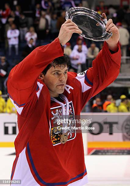 Jaromir Jagr of Czech Republic celebrates after winning the IIHF World Championship bronze medal match between Czech Republic and Russia at Orange...