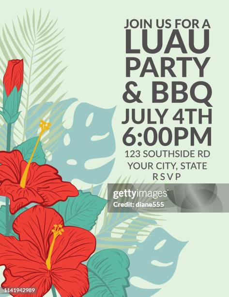 aloha hawaiian party invitation with hibiscus flowers - aloha stock illustrations