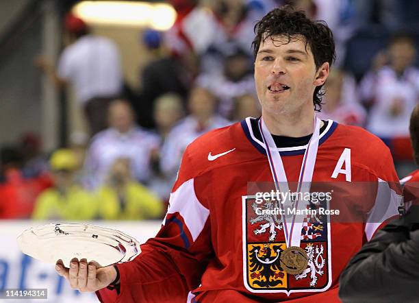 Jaromir Jagr of Czech Republic celebrates after winning the IIHF World Championship bronze medal match between Czech Republic and Russia at Orange...