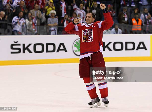 Tomas Rolinek of Czech Republic celebrates after winning the IIHF World Championship bronze medal match between Czech Republic and Russia at Orange...