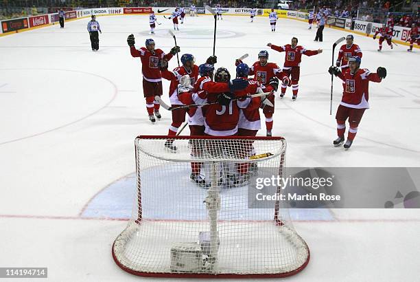 The team of Czech Republic celebrate after winning the IIHF World Championship bronze medal match between Czech Republic and Russia at Orange Arena...