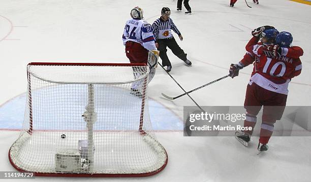 Roman Cervenka of Czech celebrate his team's 5th goal with team mate Tomas Plekanec during the IIHF World Championship bronze medal match between...