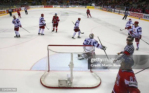 Tomas Rolinek celebrates his team's 4th goal during the IIHF World Championship bronze medal match between Czech Republic and Russia at Orange Arena...