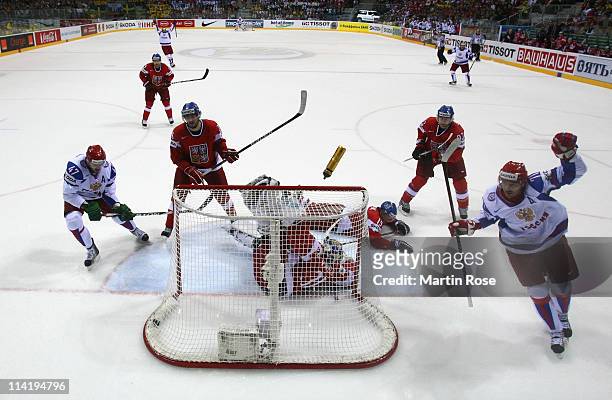Ilya Kovalchuk of Russia scores his team's 3rd goal during the IIHF World Championship bronze medal match between Czech Republic and Russia at Orange...