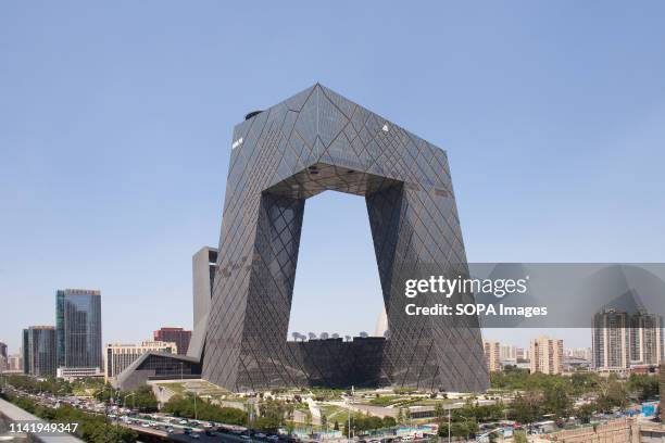 The CCTV Headquarters seen in Beijing. Due to its unique shape, the 51-story skyscraper is a famous landmark in Beijing.