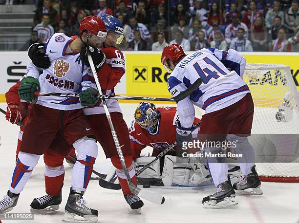 Ondrej Pavelec , goaltender of Czech Republic makes a save against Alecander Radulov of Russia during the IIHF World Championship bronze medal match...