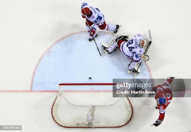 Roman Cervenka of Czech celebrate his team's 5th goal with during the IIHF World Championship bronze medal match between Czech Republic and Russia at...