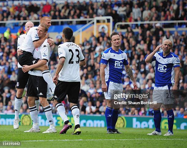 Brede Hangeland of Fulham celebrates with team-mates after scoring during the Barclays Premier League match between Birmingham City and Fulham at St....