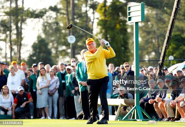 Honorary starter and Masters champion Jack Nicklaus plays the opening tee shot on the first hole during the first round of the Masters at Augusta...