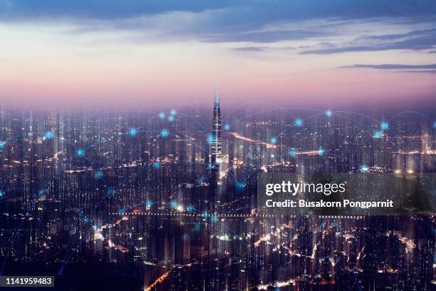 smart city and connection lines. internet concept of global business in  seoul, south korea. - intelligence community stock pictures, royalty-free photos & images