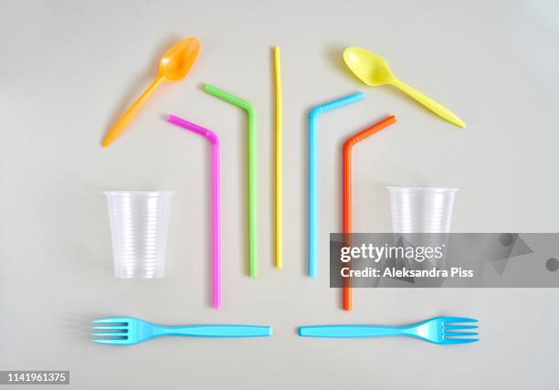 colorful disposable cutlery and cups - straw ストックフォトと画像