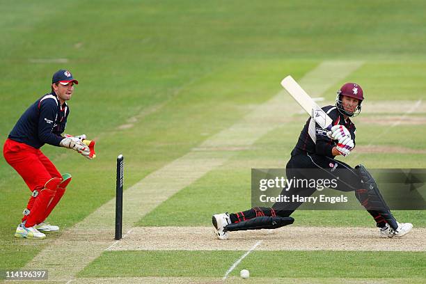 Marcus Trescothick of Somerset sweeps to the boundary during the Clydesdale Bank 40 match between Somerset and Lancashire at The County Ground on May...