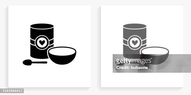 box of oats with a bowl and spoon black and white square icon - cereal boxes stock illustrations