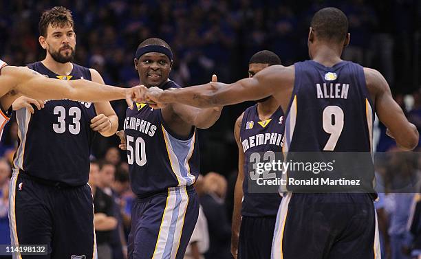 Marc Gasol, Zach Randolph, O.J. Mayo and Tony Allen of the Memphis Grizzlies before play against the Oklahoma City Thunder in Game Seven of the...