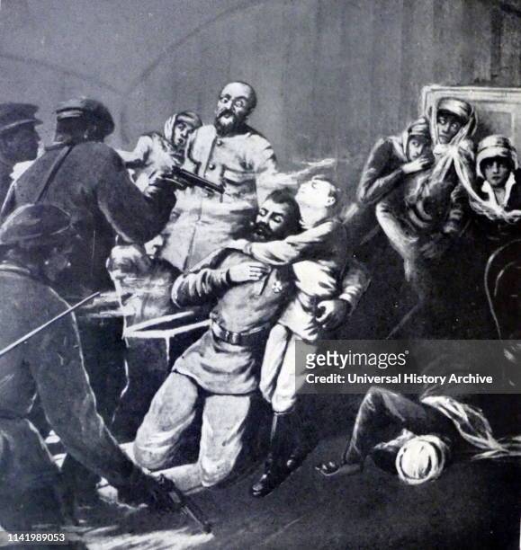 Artist impression of the murder of the Russian Imperial Romanov family and all those who chose to accompany them into imprisonment--notably Eugene...