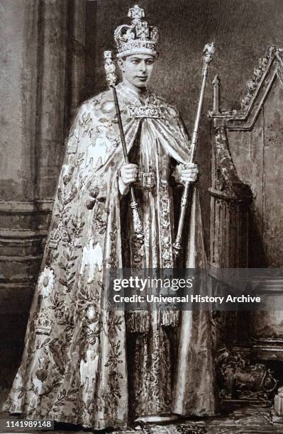 Illustration showing the coronation robes worn by George VI , King of the United Kingdom and the Dominions of the British Commonwealth from 11...