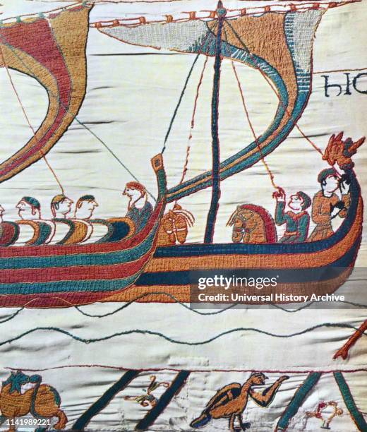 Episode from the Bayeux Tapestry, an embroidered cloth nearly 70 metres long, which depicts the events leading up to the Norman conquest of England,...