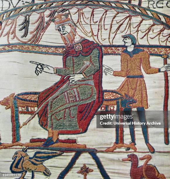 Episode from the Bayeux Tapestry, an embroidered cloth nearly 70 metres long, which depicts the events leading up to the Norman conquest of England,...