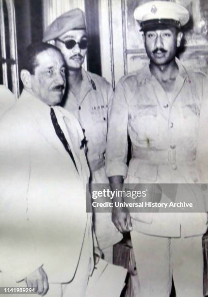 Ali Maher, Salah Salem and Anwar Sadat. Prime Minister Maher of Egypt received from Sadat and Saleh the abdication terms for King Farouk during the...