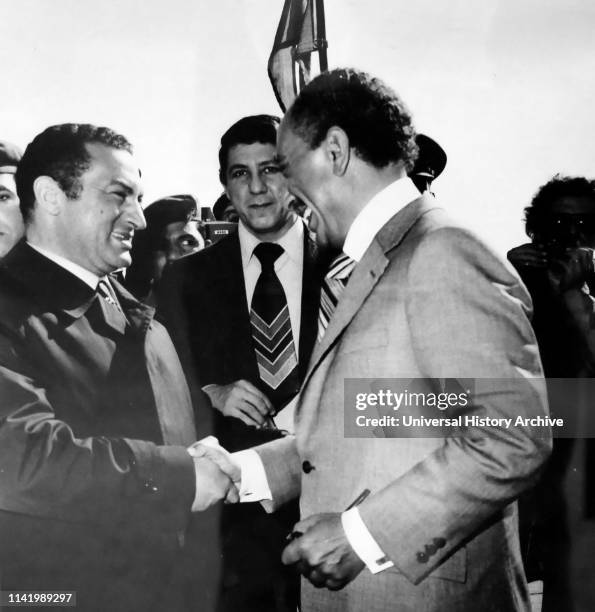 Vice President of Egypt, Hosni Mubarak with Anwar Sadat , President of Egypt, from 1970 until his assassination by fundamentalist army officers on 6...