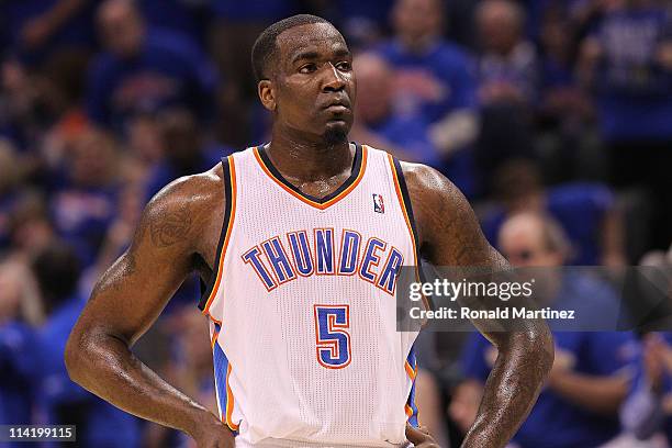 Center Kendrick Perkins of the Oklahoma City Thunder reacts against the Memphis Grizzlies in Game Seven of the Western Conference Semifinals in the...