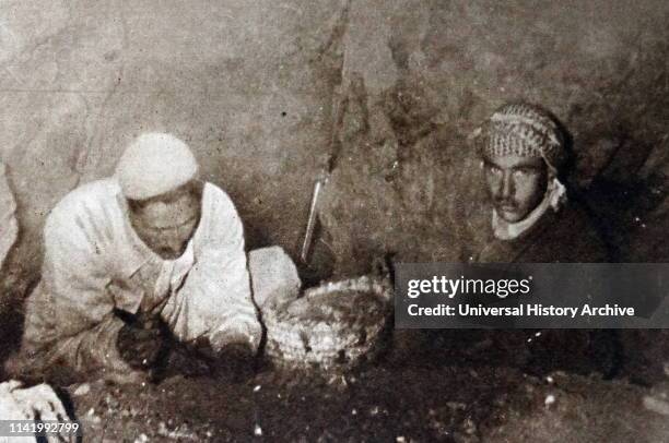 Bedouin shepherds discovering the Dead Sea Scrolls, in a series of twelve caves around the site known as Wadi Qumran near the Dead Sea in the West...