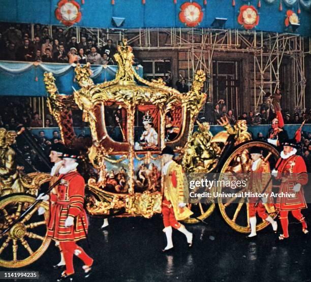 Coach used for the coronation of Queen Elizabeth II of the United Kingdom 1953. The Gold State Coach is an enclosed, eight horse-drawn carriage used...