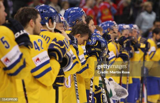 Mikael Backlund of Sweden looks dejected after losing the IIHF World Championship gold medal match between Sweden and Finland at Orange Arena on May...