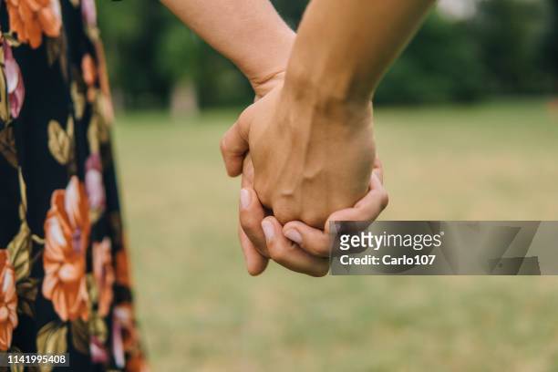 two young female friends holding their hands outdoor in springtime - civil partnership stock pictures, royalty-free photos & images