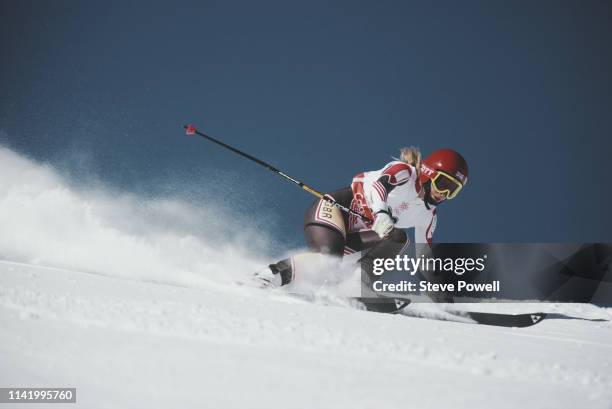 Wendy Lumby of Great Britain skiing in the Women's Super G competition on 22 February 1988 during the XV Olympic Winter Games in Nakiska, Calgary,...