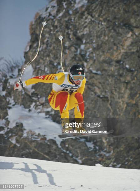 Todd Brooker of Canada skiing in the Men's Downhill event at the International Ski Federation FIS Alpine Skiing World Cup on 17 January 1987 in...