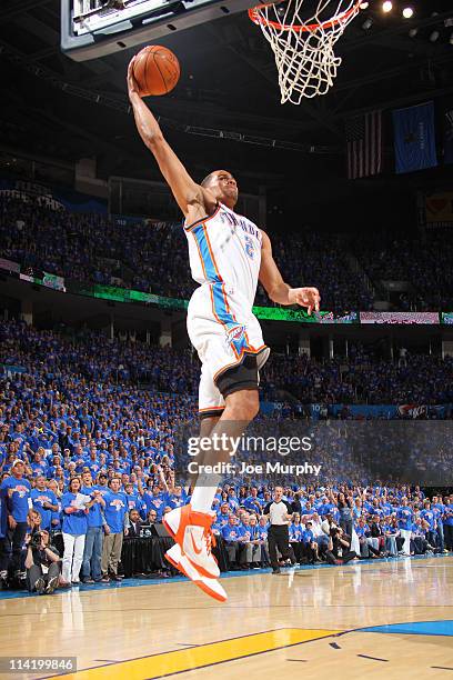 Thabo Sefolosha of the Oklahoma City Thunder dunks against the Memphis Grizzlies during Game Seven of the Western Conference Semifinals in the 2011...