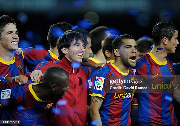 Lionel Messi and Dani Alves of FC Barcelona celebrate for winning Liga after the La Liga match between Barcelona and Deportivo La Coruna at Camp Nou...