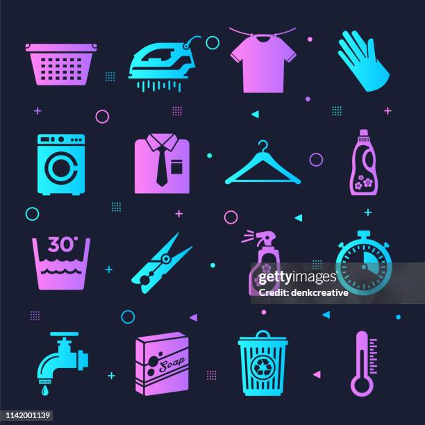 house cleaning schedule neon style vector icon set - cellar management stock illustrations