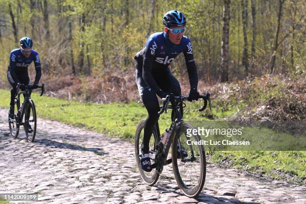 Dylan van Baarle of The Netherlands and Team Sky / Owain Doull of Great Britain and Team Sky / Cobblestones / during the 117th Paris - Roubaix 2019,...