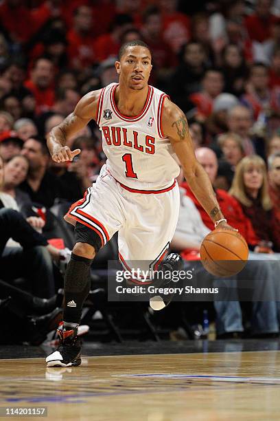 Derrick Rose of the Chicago Bulls brings the ball up court against the Miami Heat in Game One of the Eastern Conference Finals during the 2011 NBA...