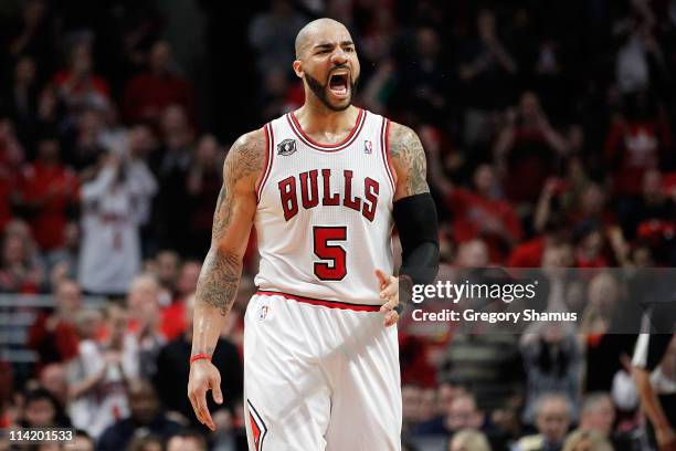 Carlos Boozer of the Chicago Bulls reacts against the Miami Heat in Game One of the Eastern Conference Finals during the 2011 NBA Playoffs on May 15,...