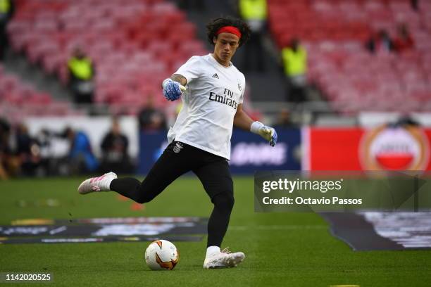 Mile Svilar of Benfica warms up prior to the UEFA Europa League Quarter Final First Leg match between Benfica and Eintracht Frankfurt at Estadio do...