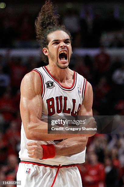 Joakim Noah of the Chicago Bulls reacts against the Miami Heat in Game One of the Eastern Conference Finals during the 2011 NBA Playoffs on May 15,...
