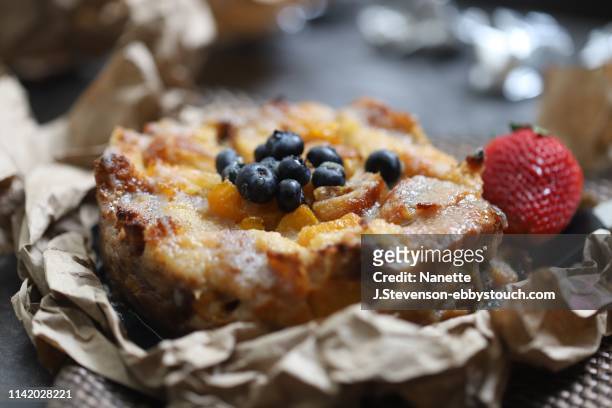homemade peach bread pudding - bread dessert stock pictures, royalty-free photos & images