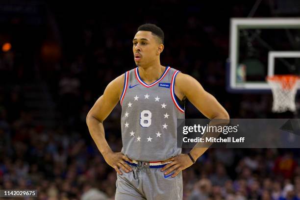 Zhaire Smith of the Philadelphia 76ers looks on against the Milwaukee Bucks at the Wells Fargo Center on April 4, 2019 in Philadelphia, Pennsylvania....