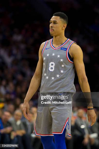 Zhaire Smith of the Philadelphia 76ers looks on against the Milwaukee Bucks at the Wells Fargo Center on April 4, 2019 in Philadelphia, Pennsylvania....